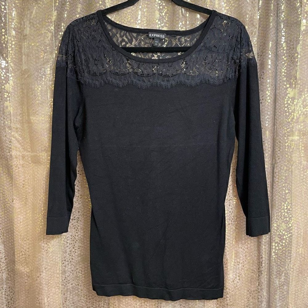 Express Black Lace Yoke Shoulder 3/4 Sleeve Sweater, Large